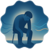 Persona seduta e curva, circondata da un’aura spenta e da fili blu spezzati che simboleggiano la perdita di energia e di equilibrio legata al burnout.
