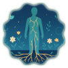 Figura stilizzata con crepe luminose connesse al terreno da cui nascono fiori e radici, simbolo della fragilità che diventa crescita e connessione.