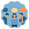 Illustrazione flat design widescreen con tre figure: passivo ricurvo, assertivo eretto e sereno, aggressivo teso e urlante, con bolle di dialogo sopra la testa su sfondo blu.