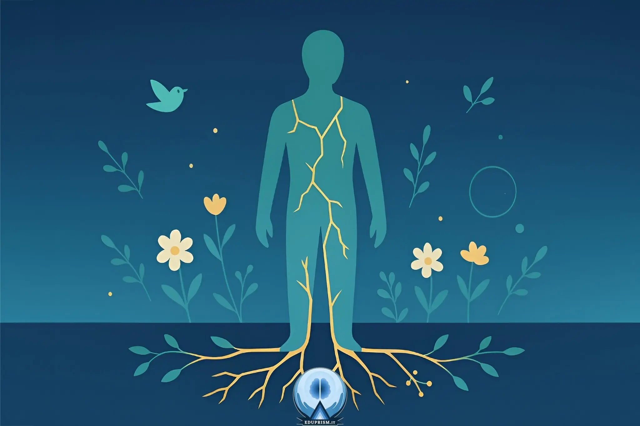 Fragilità che genera vita Figura stilizzata con crepe luminose connesse al terreno da cui nascono fiori e radici, simbolo della fragilità che diventa crescita e connessione.