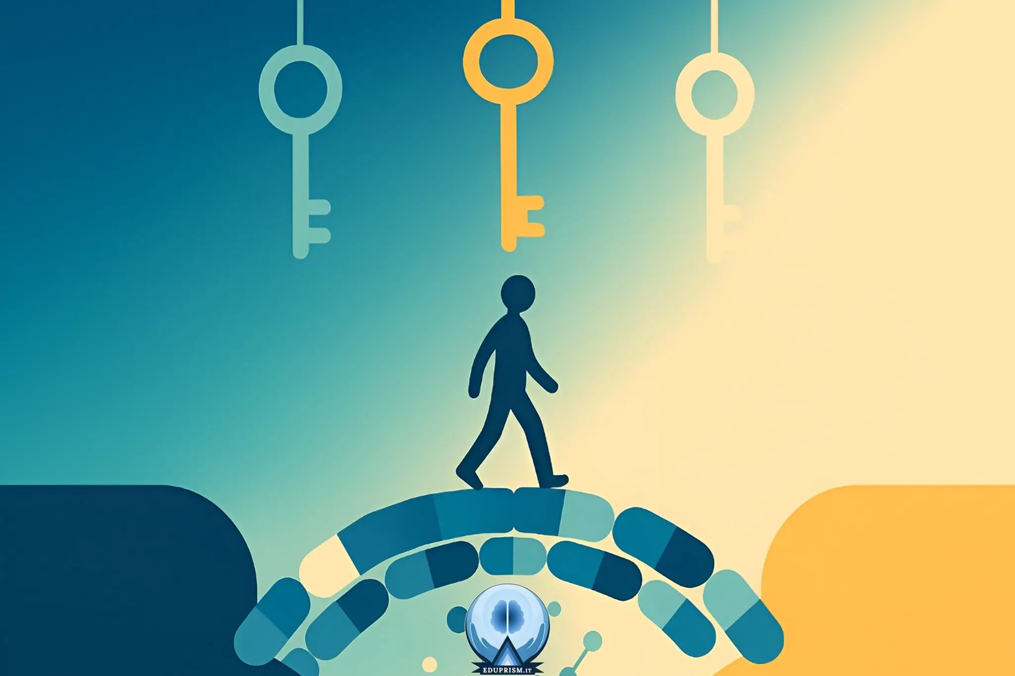 Illustrazione flat design widescreen: un ponte formato da capsule stilizzate collega due lati separati. Una figura neutra cammina verso la parte luminosa, mentre tre chiavi sospese richiamano il principio “chiave-serratura”. Simbolo del ruolo degli psicofarmaci nella salute mentale.