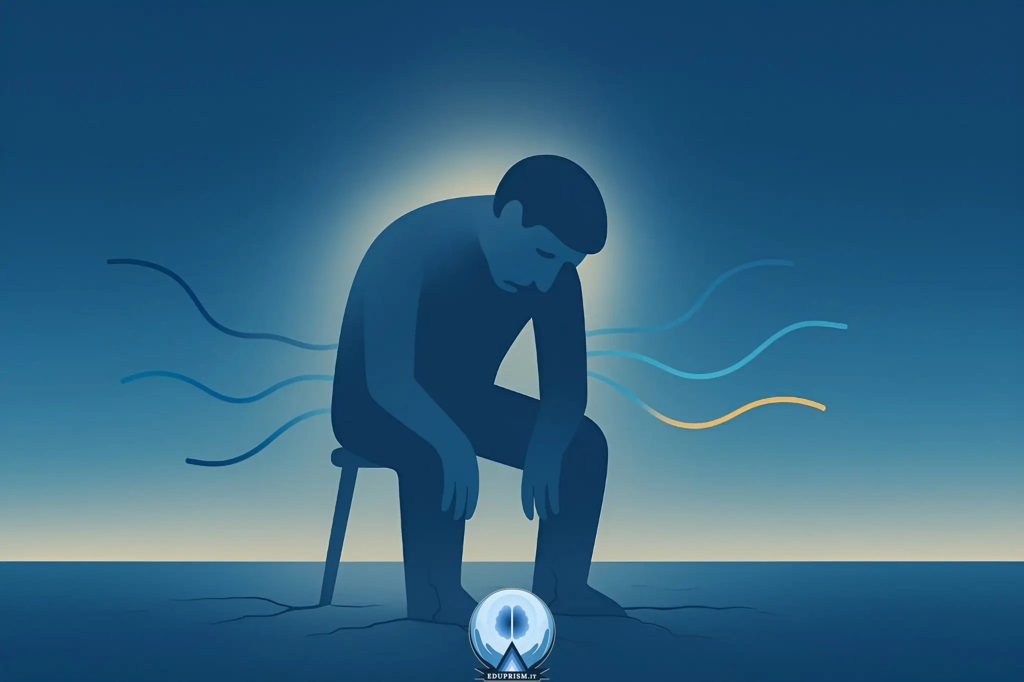 Energia esaurita: il volto invisibile del burnout Persona seduta e curva, circondata da un’aura spenta e da fili blu spezzati che simboleggiano la perdita di energia e di equilibrio legata al burnout.